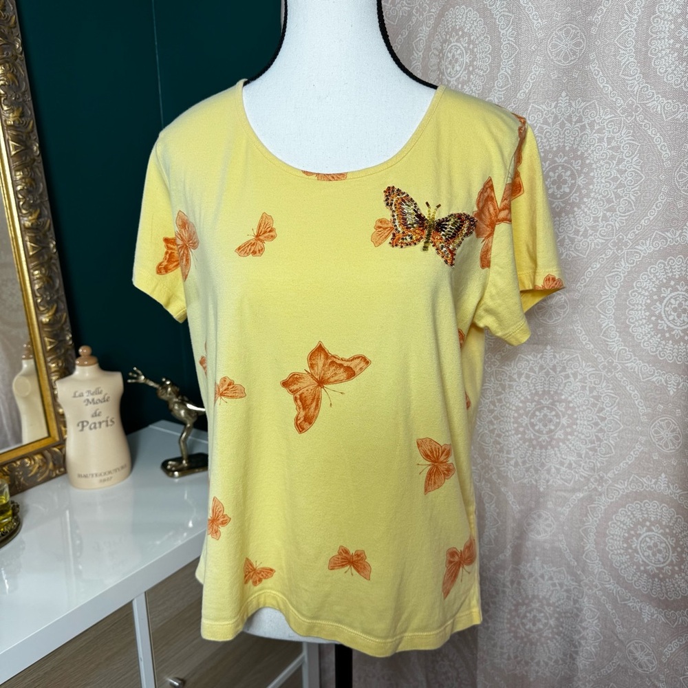 Vtg Y2K Emma James Liz Claiborne Yellow Beaded Butterfly Cotton T-Shirt Size L